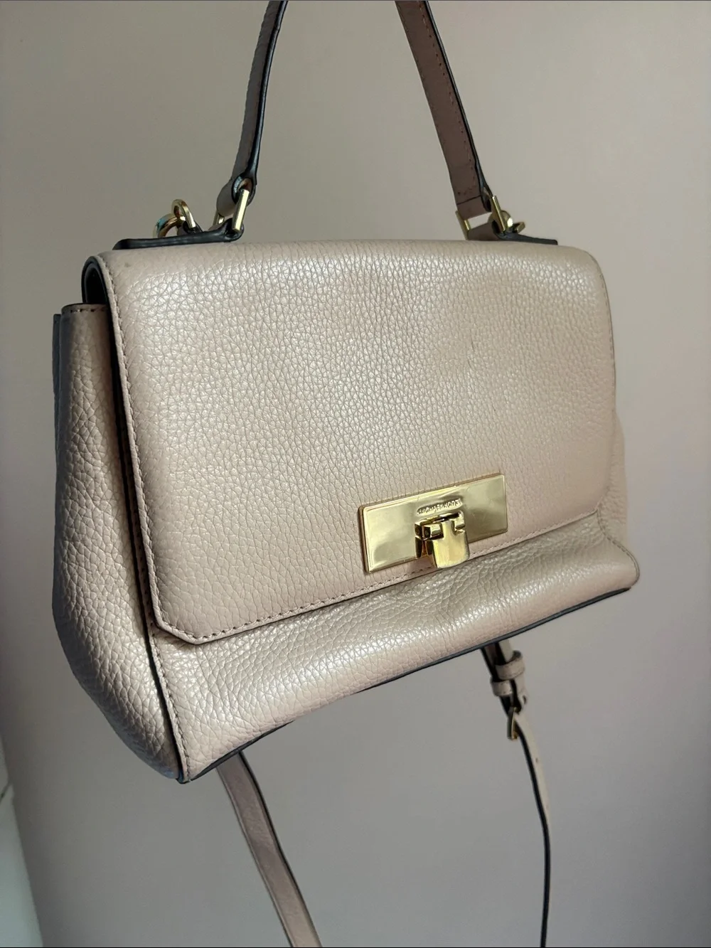 Michael Kors Pebbled Leather Crossbody in Light Taupe with Gold Hardware
